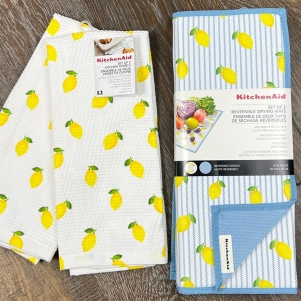 KitchenAid - ‘Lemons - combo bundle’ dish towels(2) & drying mats(2). NWT. Firm!